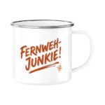 Fernweh-Junkie - Vintage Brush Lettering mit Kompass | Emaille Tasse für Camper