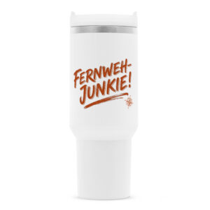 6aae9b56b9d73.jpg Fernweh-Junkie - Vintage Brush Lettering mit Kompass | Thermobecher für Camper