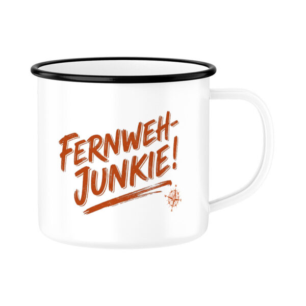 Fernweh-Junkie - Vintage Brush Lettering mit Kompass | Emaille Tasse für Camper